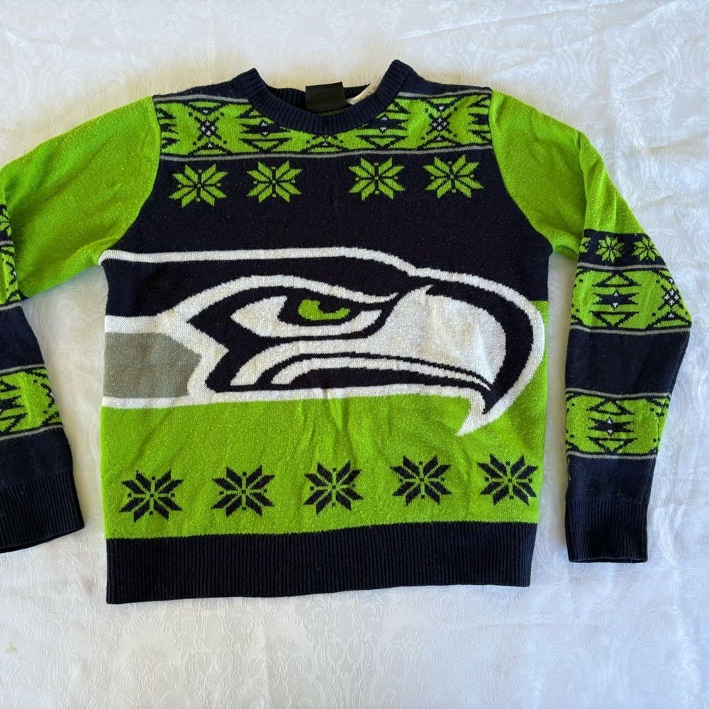 NFL youth 14/16 Vibrant Green and Blue Crewneck Sweater Seattle Seahawks